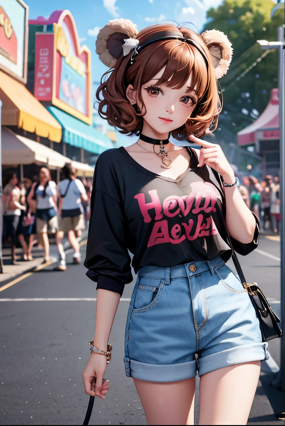 Top quality, highly detailed, UHD, idol, playing at an amusement park, cute and beautiful anthropomorphic koala girl with brown curly bob hair wearing a heart-shaped choker, casual clothes