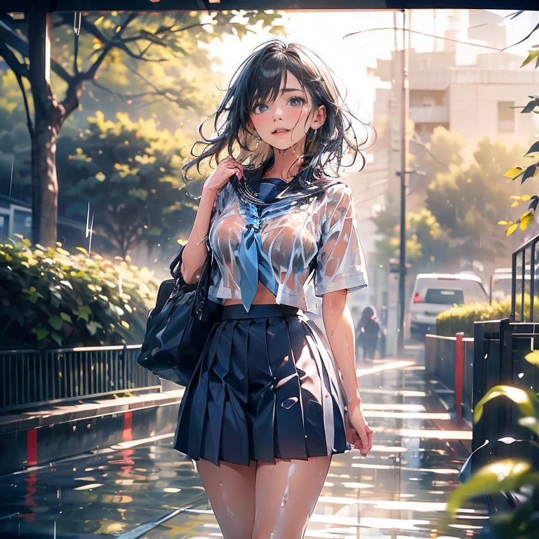 Anime Waifu beautiful detailed eyes, beautiful detailed lips, extremely detailed eyes and face, longeyelashes, 1girl, sensual, young woman, medium breasts, beautiful feminine face, nice thighs, slim, sexy, erotic, beautiful clothes, perfect body, cinematic lighting and framing, (best quality,4k,8k,highres,masterpiece:1.2),ultra-detailed,digital painting,portrait,glamorous,highly detailed,soft lighting,warm color tones , (beautiful girl: 1.3),1girl,masterpiece, Highest quality, Ultra-high resolution,rich contrast,super high quality,8k,Highly detailed CG unit wallpaper,texture,Incredibly absurd,Ultra-high resolution,RAW Photos,Depth of Field 1.2,overlooking,(magnificent panorama view:1.3),(High School Uniform&Pleated skirt:1.5),Black Hair,Crown braid,Ultra-detailed eyes,(sensuous),Glowing Skin,loafers,leaves dripping with rain,sunlight through trees,post-rain aroma,Her jacket is open and her breasts are exposed,blush,Sigh,look up,(((Wet))),((Large Breasts)),After the Rain,pencil drawing