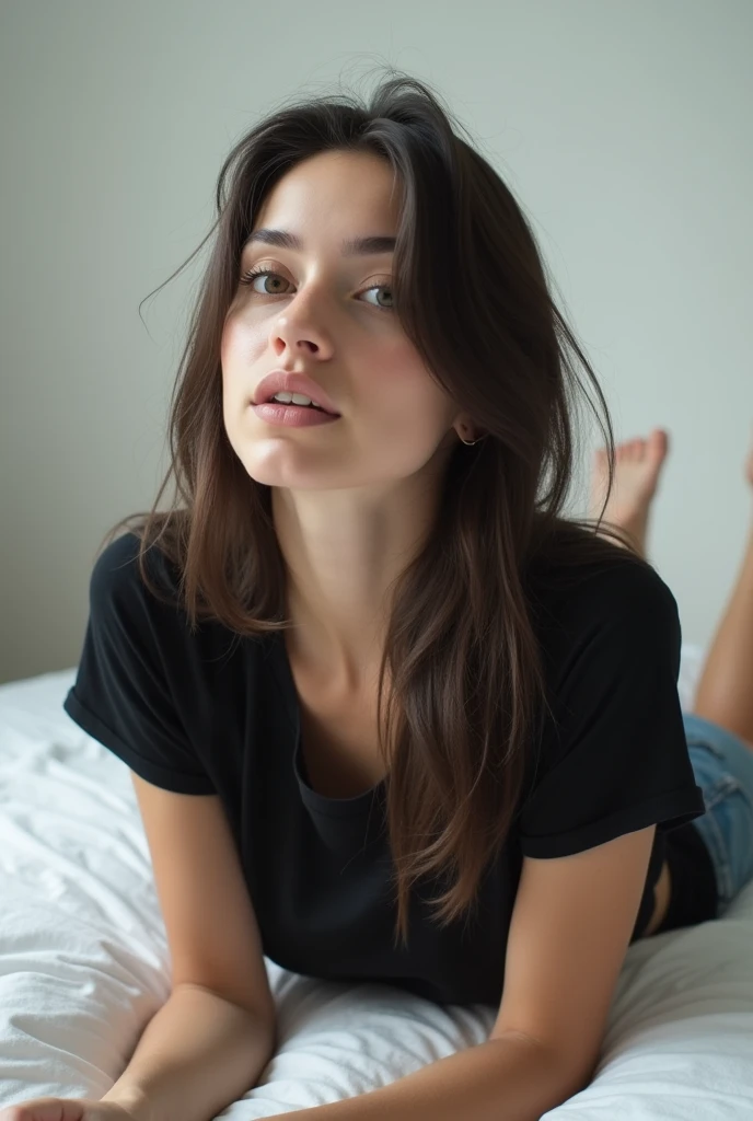 brunette, smile, flat chest, skinny face, white wall, no decoration, jean shorts, black t-shirt, lying on stomach on bed, looking at camera, photo from behind
