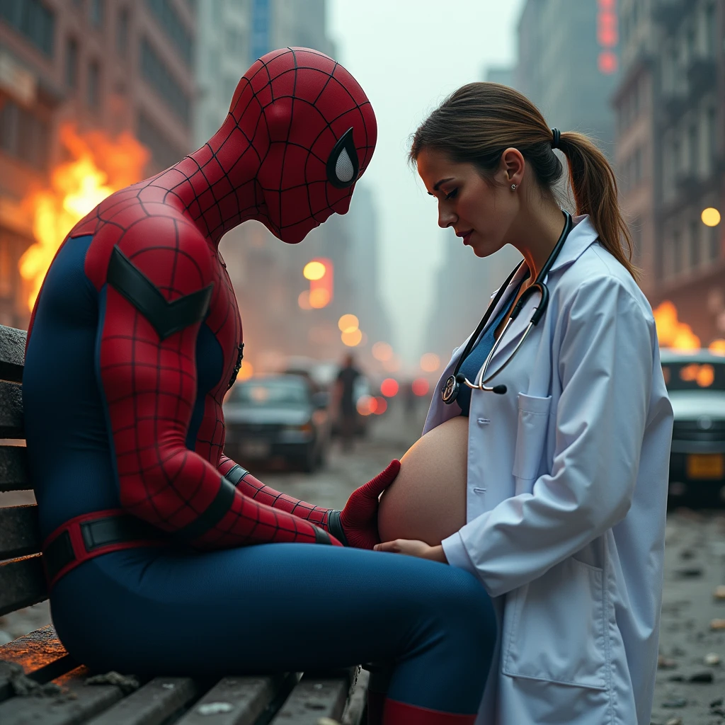 This image shows Spider-Man sitting on a bench in a post-apocalyptic or heavily damaged cityscape. He is gently touching the belly of a pregnant woman who appears to be a doctor, as indicated by her white coat and stethoscope. The scene is emotional, with the contrast between the chaos in the background—burning cars, rubble, and ruined buildings—and the tender moment between the two characters in the foreground.