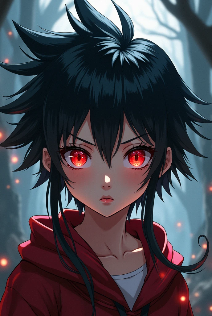  girl anime with spiky black hair and eye red