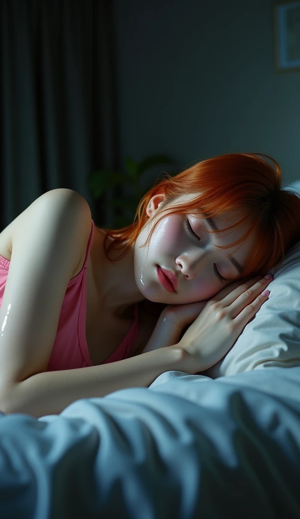 (Clear 4K image results, very detail, HD,realistic) 23 O'Clock:30 NIGHTS JAPANESE WOMEN WEARING GLASSES MIND BEAUTIFUL FACE AND CHUBBY CHEEKS AND Cleft CHIN AND bright white skin AND WEIGHT 77 kg, AND WEARING A SINGLET PING T-SHIRT AND MINI PANTS AND POSING IN FRONT OF THE CAMERA WHILE SLEEPING ON HER BACK ON HER ROOM BED AND HER HEAD IS TILT AND HER RED BLONDE HAIR IS DANGING DOWN COVERING HER FACE AND A LOT OF WET SWEAT IS FLOWING AND THE ROOM LIGHT IS A LITTLE DARK AND A LOT OF SWEAT IS FLOWING OVER HER WET BODY AND BRIGHT WHITE SKIN. THE ATMOSPHERE OF THE NIGHT IS DARK AND THE MOUTH IS DRIVING, LOTS OF DROOL FLOWING ONTO THE BED AND HAIR WET LOTS OF WATER AND LARGE CLEANING LOOKS VERY PROMINENT AND WEARING A SINGLET T-SHIRT