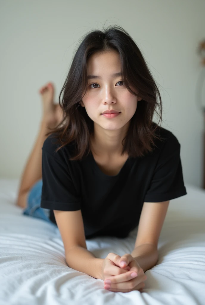 brunette, smile, flat chest, skinny face, white wall, no decoration, jean shorts, black t-shirt, lying on stomach on bed, looking at camera, photo from behind