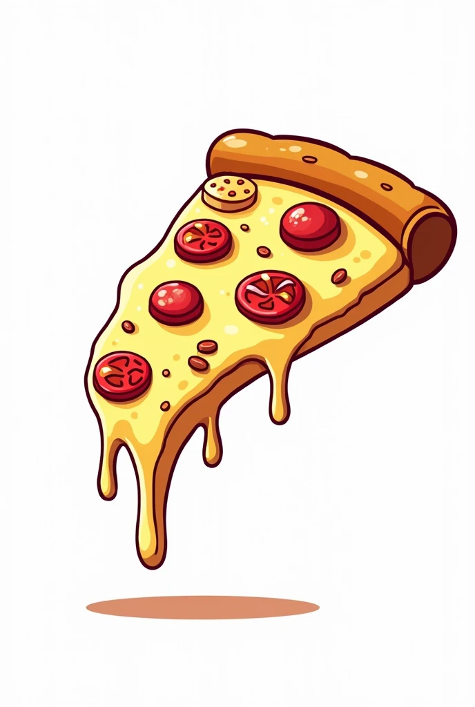 Tasty tilted pizza slice in illustrated cartoon format, with white background for logo