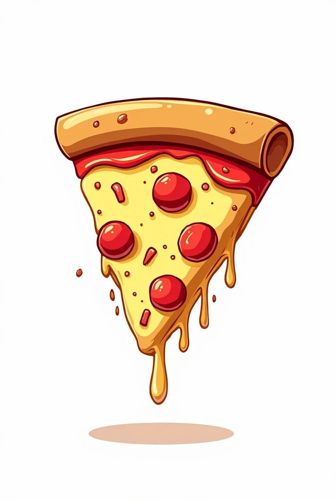 Tasty tilted pizza slice in illustrated cartoon format, with white background for logo