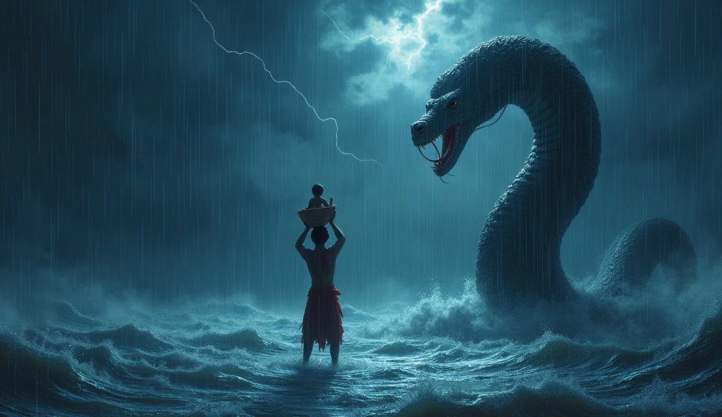 "A stormy night with dark clouds and rain pouring heavily. Vasudev, carrying the  Krishna in a small basket over his head, crosses the turbulent Yamuna River. The river parts slightly to allow Vasudev to cross safely, and above them, the Sheshnag (divine serpent) spreads its hood to protect them from the rain. The scene is mystical and dramatic, with flashes of lightning illuminating the night sky and the divine energy surrounding Vasudev and baby Krishna."