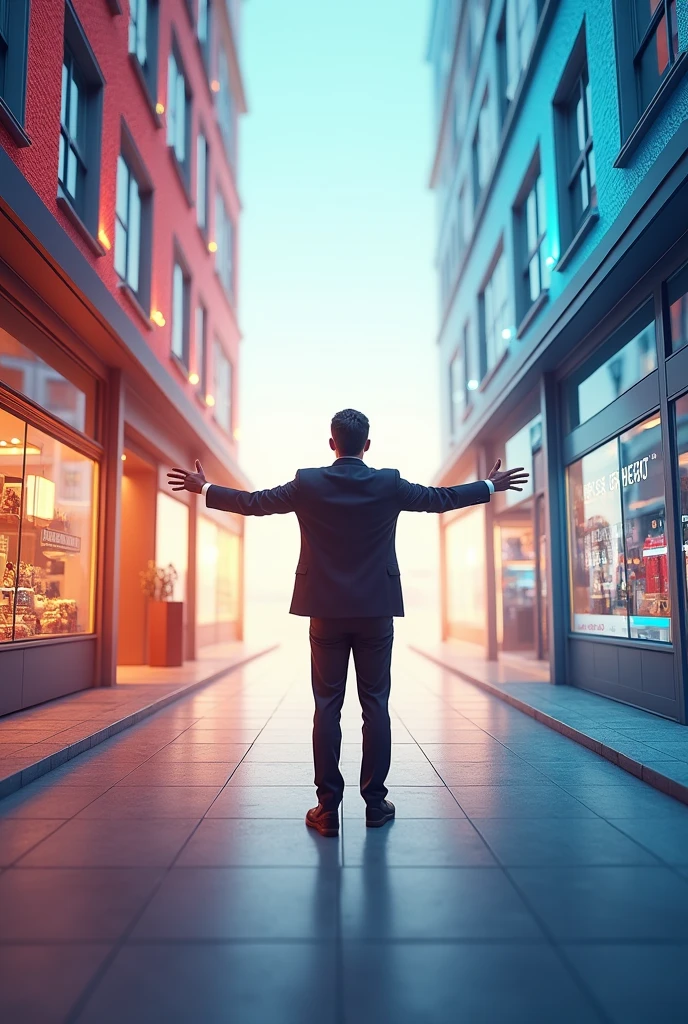 Sure! Here's the prompt in English:
"A modern business scene where on one side, there is a traditional storefront, and on the other side, a digital representation with a computer screen or mobile phone displaying a business website or online store. In the middle stands a business person, looking towards both sides as if balancing between the physical and digital worlds. The background is bright and dynamic, symbolizing growth and progress in business. This image conveys the idea of integrating both online and offline business strategies for success."