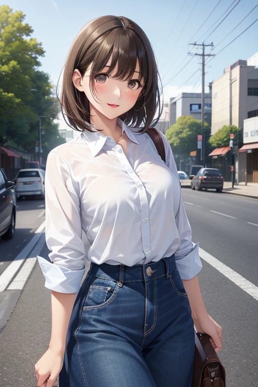 anegasaki nene、Shiny brown hair, short hair, (Beautiful brown eyes、Sparkling eyes, Fine grain)、smile、Ultra-detailed eyes、Highly detailed face, Highly detailed eyes,Cowboy Shot、
((masterpiece,Highest:1.3,Highestのイラスト,Realistic)),1 Female、solo,2. Beauty,shy,smile,Medium chest,,Glowing Skin,Glowing Skin,Oily skin,(White long collar shirt)、Denim long skirt、on the road,Tokyo、