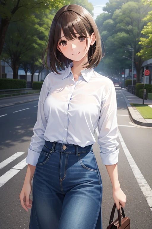 anegasaki nene、Shiny brown hair, short hair, (Beautiful brown eyes、Sparkling eyes, Fine grain)、smile、Ultra-detailed eyes、Highly detailed face, Highly detailed eyes,Cowboy Shot、
((masterpiece,Highest:1.3,Highestのイラスト,Realistic)),1 Female、solo,2. Beauty,shy,smile,Medium chest,,Glowing Skin,Glowing Skin,Oily skin,(White long collar shirt)、Denim long skirt、on the road,Tokyo、