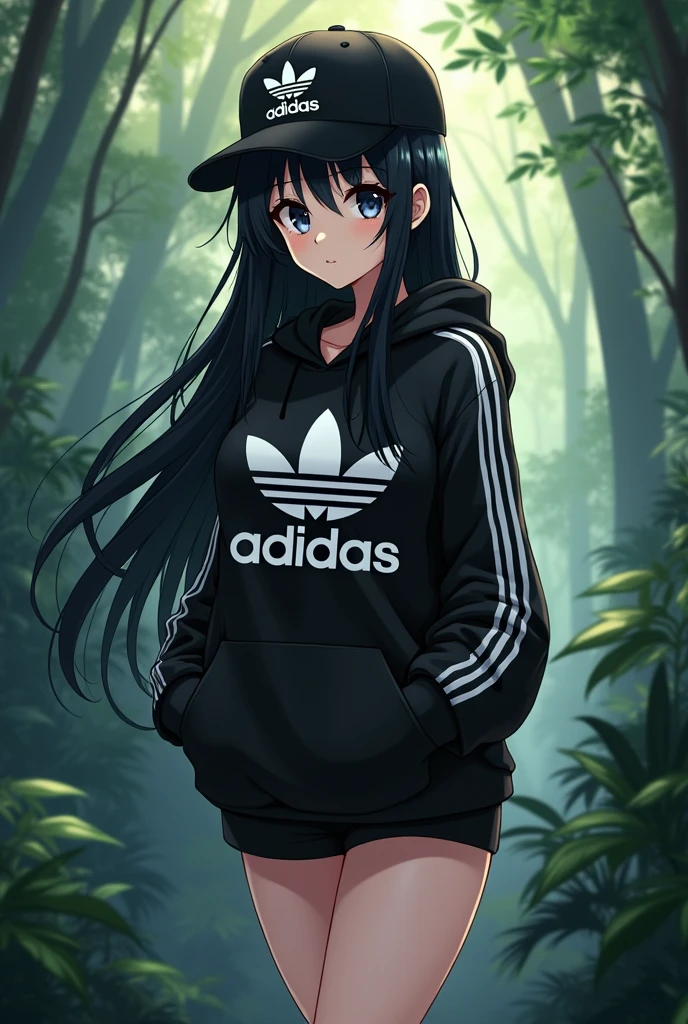 Sexy anime girl, long black hair, black eyes, barefoot, wear black adidas cap, wear black adidas hood, wear black panties, background is jungle