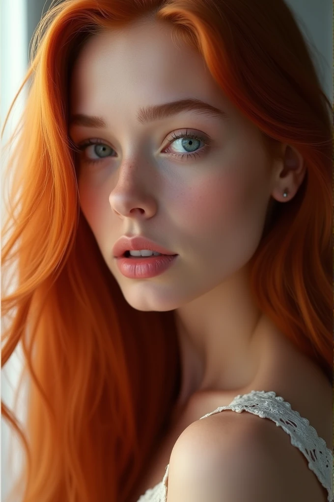 a beautiful girl with long red hair, detailed eyes, nose, and lips, close-up from the side, looking at the camera, on a white background (best quality,4k,8k,highres,masterpiece:1.2),ultra-detailed,(realistic,photorealistic,photo-realistic:1.37),HDR,studio lighting,extremely detailed face and body, portrait,cinematic lighting,dramatic lighting,warm color tones,dramatic colors