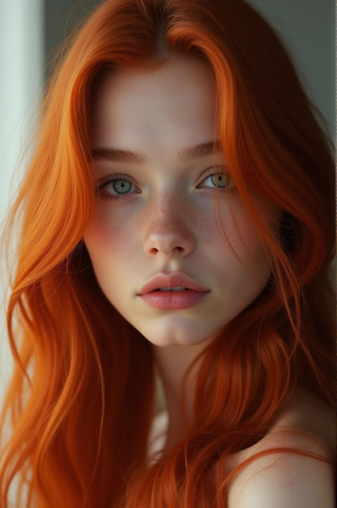 a beautiful girl with long red hair, detailed eyes, nose, and lips, close-up from the side, looking at the camera, on a white background (best quality,4k,8k,highres,masterpiece:1.2),ultra-detailed,(realistic,photorealistic,photo-realistic:1.37),HDR,studio lighting,extremely detailed face and body, portrait,cinematic lighting,dramatic lighting,warm color tones,dramatic colors
