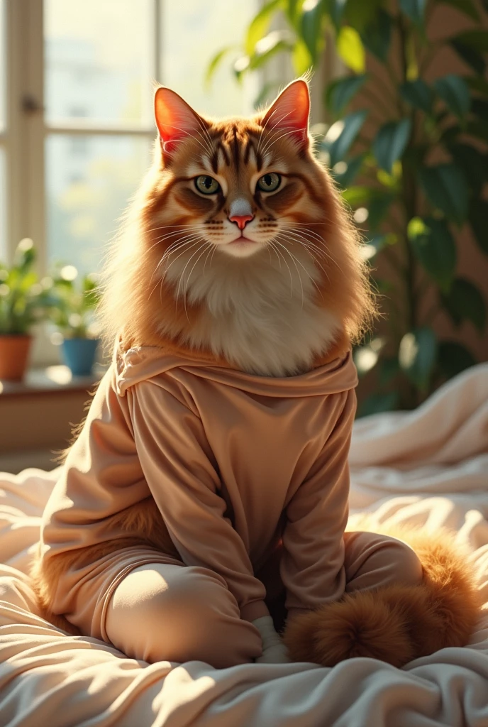 (photorealism:1.2), beautiful cat, sitting on bed, wearing loose off-shoulder top, pajama pants, long curly hair, indoors, soft lighting, plants in background, window with sunlight, cozy room, relaxed pose, realistic, intricate details, warm colors, by Greg Rutkowski, by Alphonse Mucha