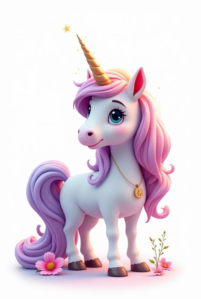 a white unicorn standing looking sideways, cute disney pixar style, cute face, the unicorn is on its side and standing looking sideways forward , showing all unicorn, loose, voluminous, flowing curly hair in lilac colors, Pink, yellow, Unripe, cerulean, rot, Unripe, hair and mane with all the colors of the rainbow, with a strong lilac predominating, em volta do cabelo pequenas flores Pinks forte com folhas Unripes e também estrelas, Dedicated gold cord with pendant and inside the pendant the letters LE delicate on the neck, olhos Unripes e o unicornio cintila com alguns brilhos, Feema unicorn white background, flowing hair, very voluminous, gold tiara on delicate head white background and unicorn stands out from the background, the unicorn has sparkling sparkles in its hair, the unicorn's face is fuller, little god, strong lilac hair with blue bangs, Pink, Yellow, Unripe o fundo opaco png