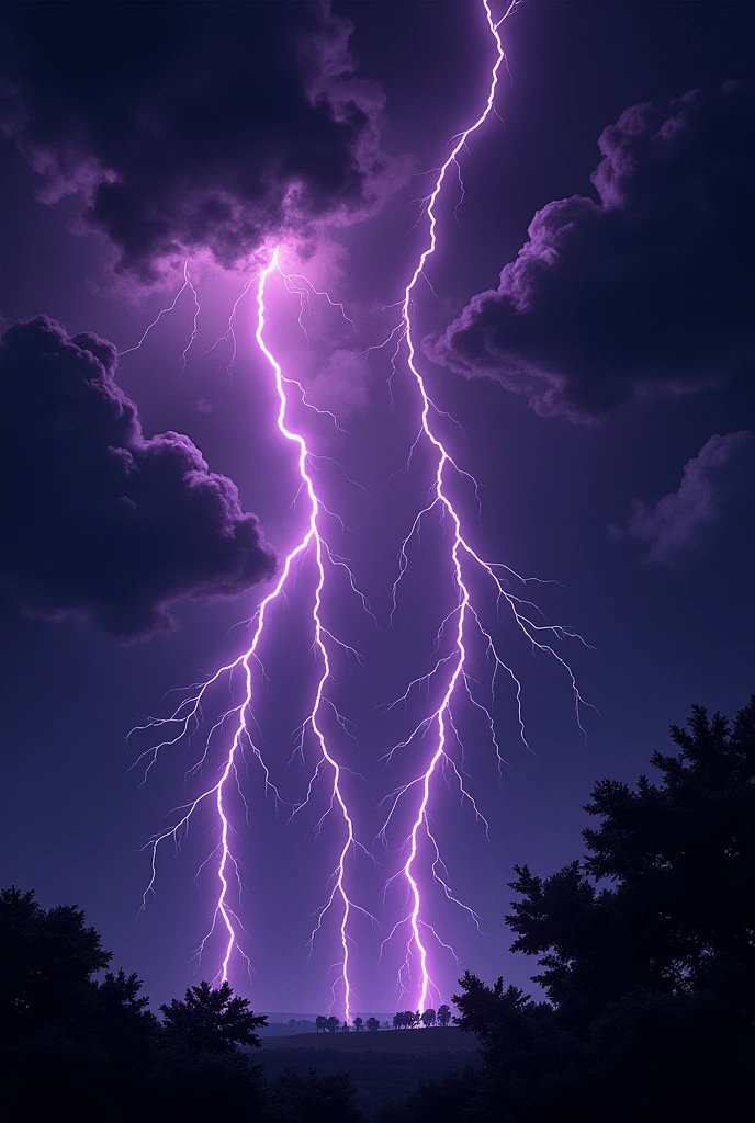 Image of gray clouds and 3 thick purple thunders on black background in comic book comic art style