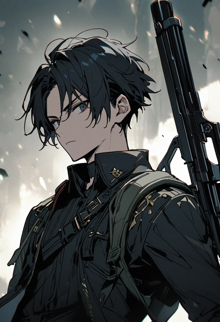 One Man aldult 男らShii Fair skin Black Hair Rin々Shii Handsome cool Black clothing Short Hair cool Expressionless Firearms