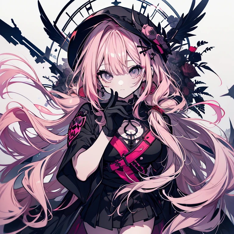 1 person、Mature、Ample breasts、Long Hair、Pink Hair、Twin tails、Vertical roll hair、Curly Hair、Black Eyes、Round eyes、Long lower eyelashes、Trimmed bangs、Gothic Fashion、Red Cape、T-shirt with open chest、Gothic logo t-shirt、Punk fashion、Miniskirt、赤いMiniskirt、Black and white striped knee-high、Black crown、High resolution、Highest quality