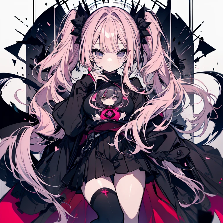 1 person、Mature、Ample breasts、Long Hair、Pink Hair、Twin tails、Vertical roll hair、Curly Hair、Black Eyes、Round eyes、Long lower eyelashes、Trimmed bangs、Gothic Fashion、Red Cape、T-shirt with open chest、Gothic logo t-shirt、Punk fashion、Miniskirt、赤いMiniskirt、Black and white striped knee-high、Black crown、High resolution、Highest quality