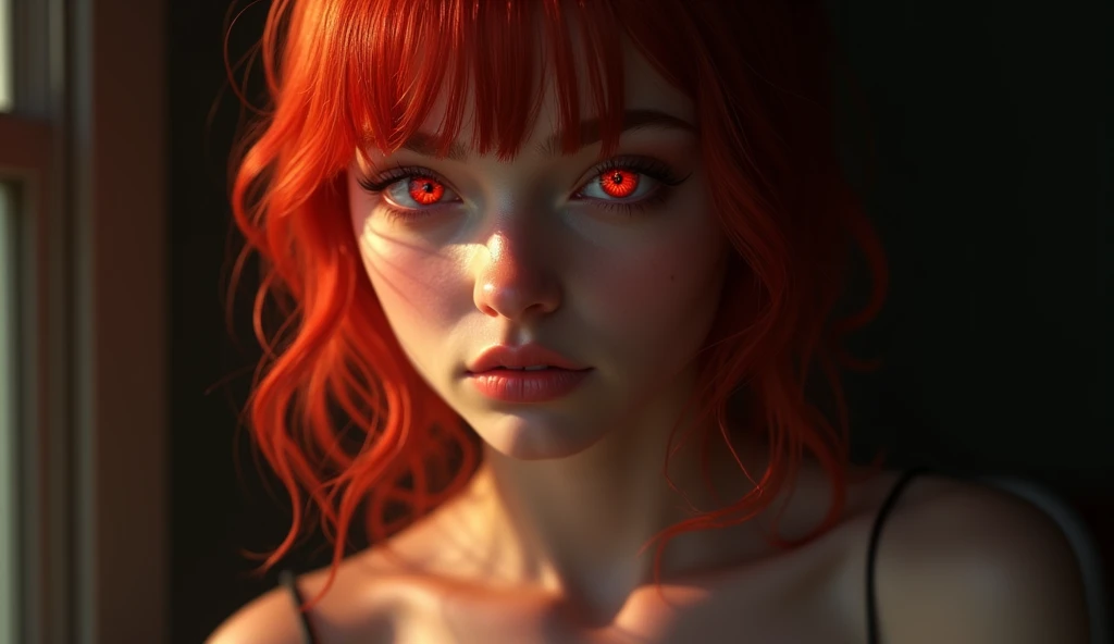1girl, star eye, blush, perfect illumination, red hair, red eyes, unreal engine, sidelighting, detailed face, bangs, bright skin, simple background, dark background,