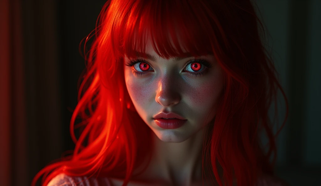 1girl, star eye, blush, perfect illumination, red hair, red eyes, unreal engine, sidelighting, detailed face, bangs, bright skin, simple background, dark background,