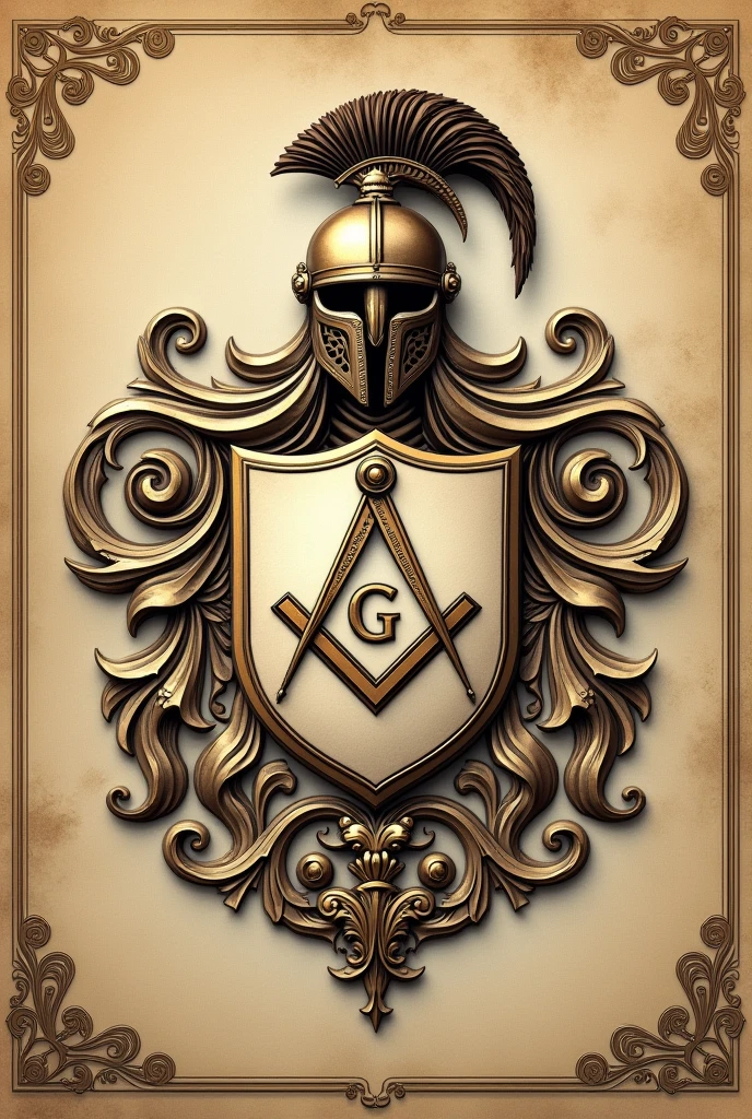 Create a wedding invitation with a coat of arms seal with the symbol of Freemasonry and the helmet of the Greek goddess Athena