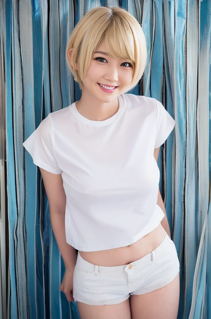 (Highest quality、4K、8k、High resolution、masterpiece:1.2)、Very detailed、(Genuine、Realistic、Realistic:1.3)、Japanese women、blonde、Pixie Cut、smile、white shirt、short pants、under boob