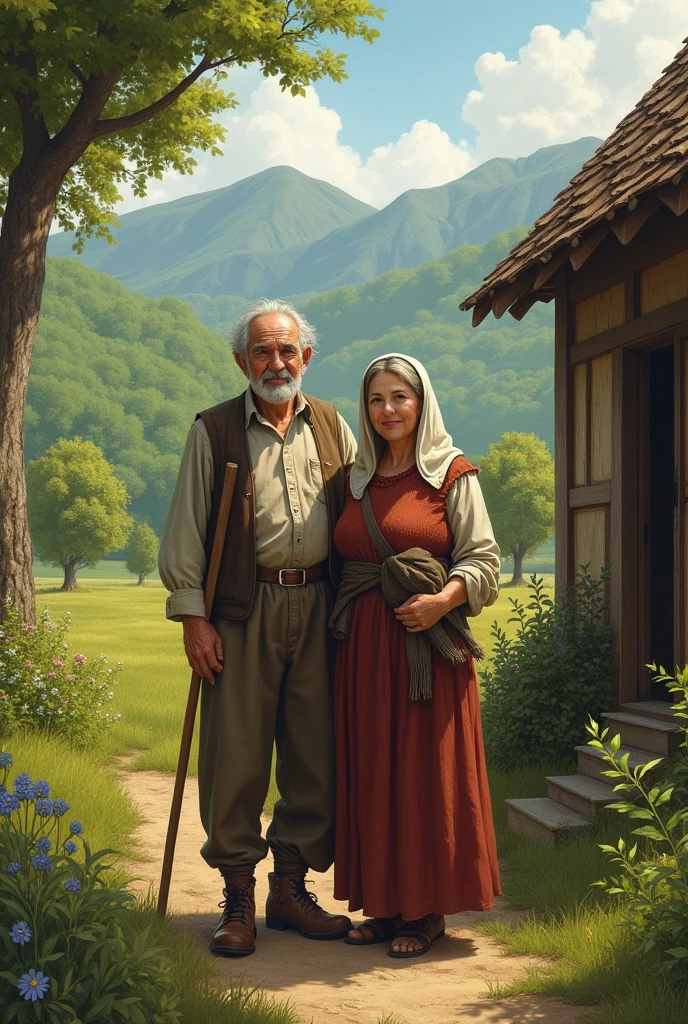 A Long time ago. There is a poor farmer lived  with her wife.
There is a green valley and trees behind.