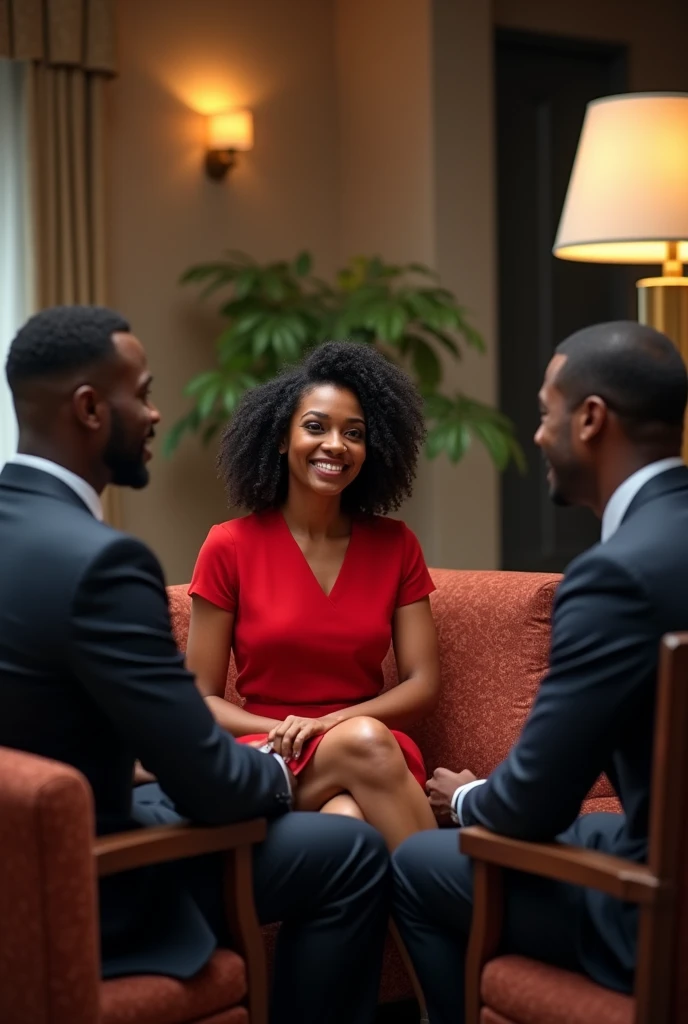 (photorealism:1.2), businessmen black African American, in suits, talking to a white middle age woman with black curly hair, using red dress, chatting at lounge, sitting in a sofa