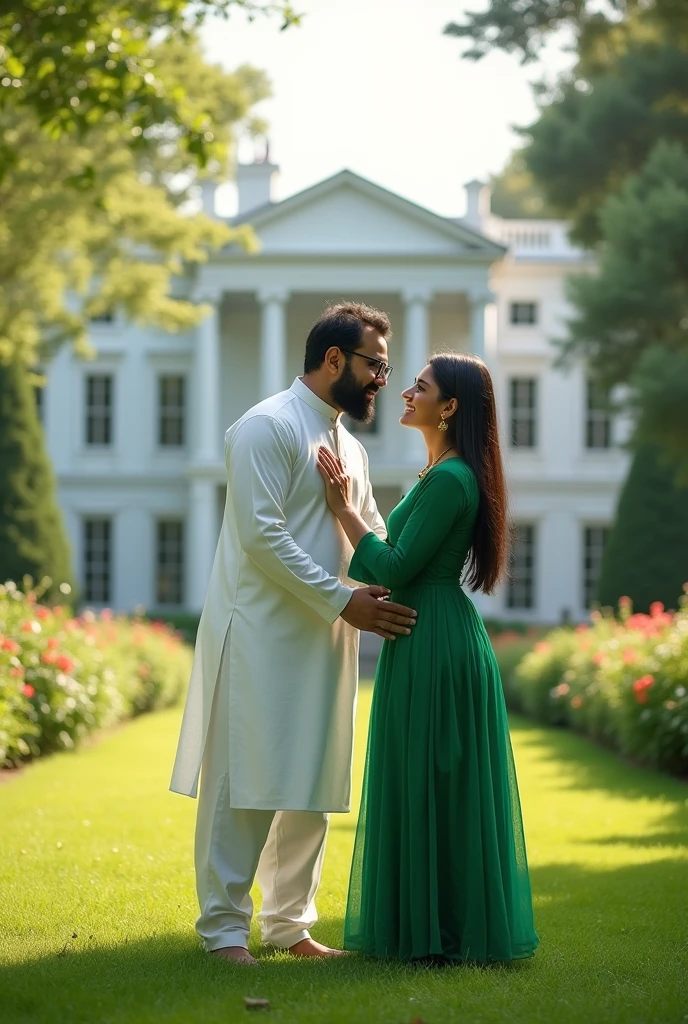 A scene where a skinny boy of 22 years with light beard and thin hairs oblong sttucture thin face wearing glasses in white kurta playing around with his skinny wife of 19 years in green salwar suits in the middle of the garden of his mansion of white color