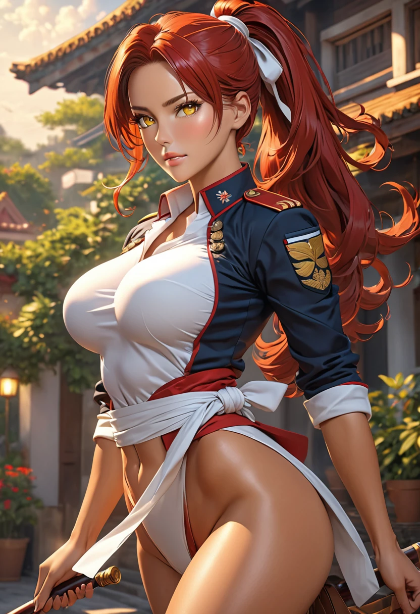 ((best quality)), ((artwork)), ((extremely detailed face)), ((perfect lighting)), ((extremely detailed CG)), ((perfect hands, perfect anatomy)) Appearance= yellows eyes; long red hair, often tied in a ponytail; sharp features, slightly tanned, tall, mature physique, supple, busty, slim legs; military uniform
