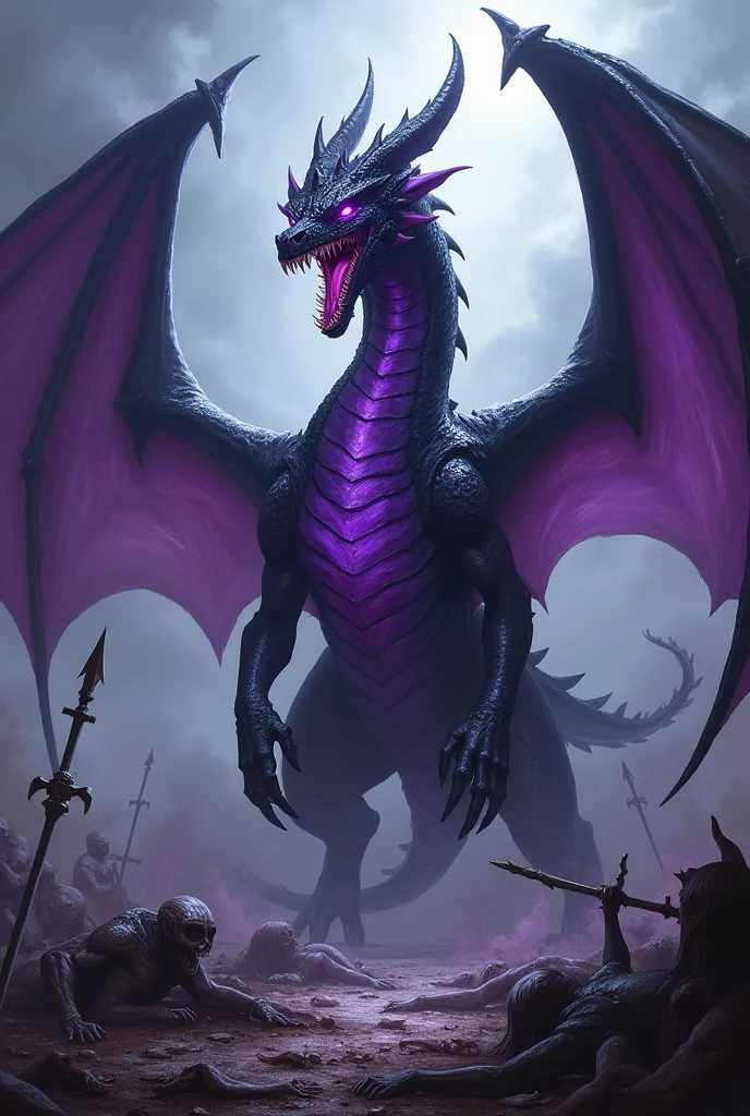 black dragon,purple eyes,purple body ,surrounded by corpses
