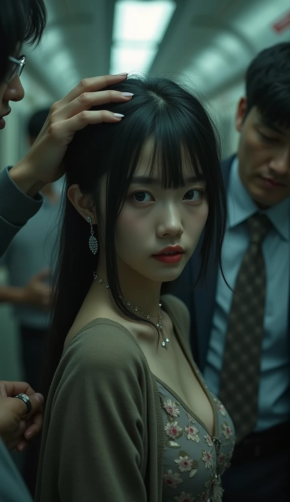 (32K:1.9, Horror depictions:1.9, Highest quality, masterpiece, Ultra-high resolution, Professional random angle camera work:1.5, Very detailedな肌と顔の質感:1.4), Always accurate, Very detailed, bag, (Cute Japanese Woman, Camisole dress and cardigan:1.6, Incredibly slim body:1.3, areola is not visible:1.4, Big breasts on the verge of collapse), ((Crowded train:2.0, Crazy behavior:1.9, in the train、Two middle-aged men hugging a woman from behind:1.7)), belt, Fair skin, elegant, sense of cleanliness, Thin eyebrows, (cry:1.0, Puzzled:1.0, A look that shows deep contempt for you:1.0, Big eyes that exude beautiful eroticism:0.4, Open your mouth a little, lipstick, Feel the beautiful eroticism:1.0, Dark brown medium hair), Earrings, necklace, bracelet, romantic, mysterious, Object of admiration, original, dramatic, artistic, Innovative, charm, Heartful, Fancy, Tilt, sense of loss, special, ((exciting, Extreme, sense of openness, suffering, sufferingの表現)), ((Mistakes of Youth, 女性的なcharm))