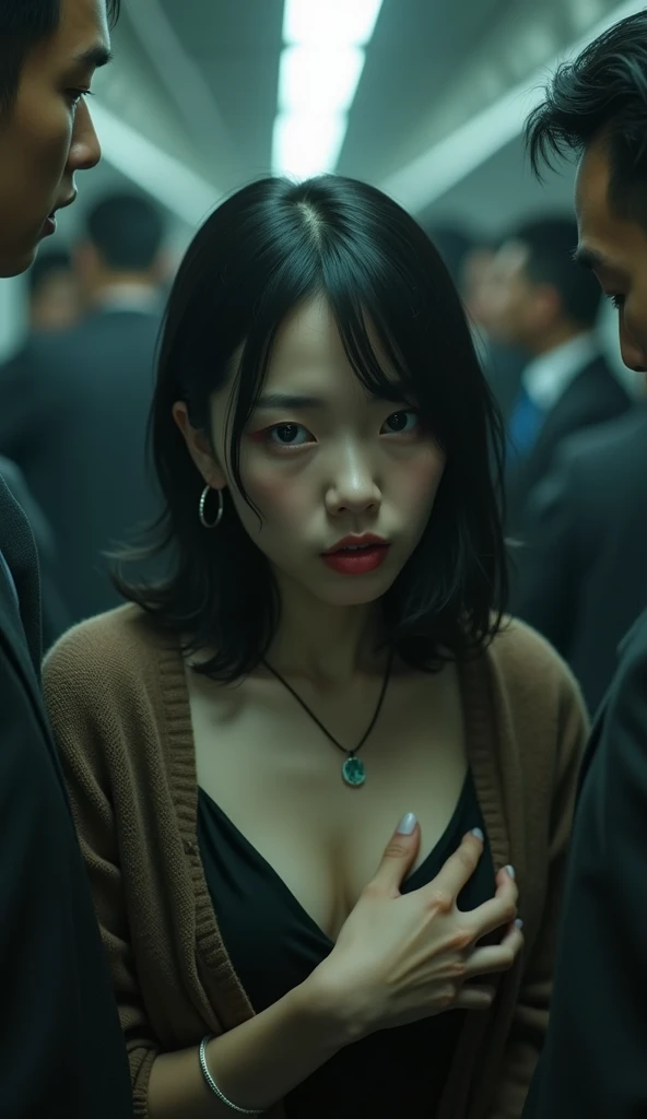 (32K:1.9, Horror depictions:1.9, Highest quality, masterpiece, Ultra-high resolution, Professional random angle camera work:1.5, Very detailedな肌と顔の質感:1.4), Always accurate, Very detailed, bag, (Cute Japanese Woman, Camisole dress and cardigan:1.6, Incredibly slim body:1.3, areola is not visible:1.4, Big breasts on the verge of collapse), ((Crowded train:2.0, Crazy behavior:1.9, in the train、Two middle-aged men hugging a woman from behind:1.7)), belt, Fair skin, elegant, sense of cleanliness, Thin eyebrows, (cry:1.0, Puzzled:1.0, A look that shows deep contempt for you:1.0, Big eyes that exude beautiful eroticism:0.4, Open your mouth a little, lipstick, Feel the beautiful eroticism:1.0, Dark brown medium hair), Earrings, necklace, bracelet, romantic, mysterious, Object of admiration, original, dramatic, artistic, Innovative, charm, Heartful, Fancy, Tilt, sense of loss, special, ((exciting, Extreme, sense of openness, suffering, sufferingの表現)), ((Mistakes of Youth, 女性的なcharm))