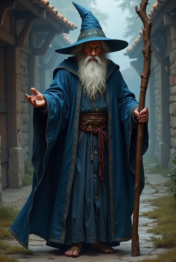 Create an elderly medieval wizard with a white beard and wearing a dark blue wizard&#39;s outfit and in his hand a wooden staff and on his head a wizard&#39;s hat with the back bent with fatigue