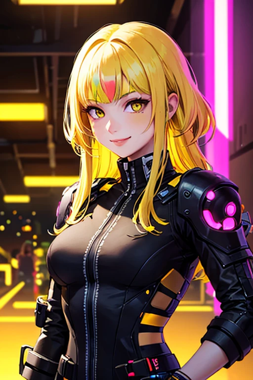 high quality, subsurface scattering, chromatic lighting,
colorized, yellow + black limited color palette,
detailed concept drawing,
in a club, posing, futuristic, cyberpunk,
portrait, 20yo 1girl, medium soft breasts, slender, yellow hair, yellow eyes, smiling