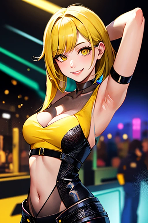 high quality, subsurface scattering, chromatic lighting,
colorized, yellow + black limited color palette, 
detailed concept drawing,
in a club, posing, futuristic, cyberpunk,
portrait, 20yo 1girl, medium soft breasts, slender, yellow hair, yellow eyes, smiling