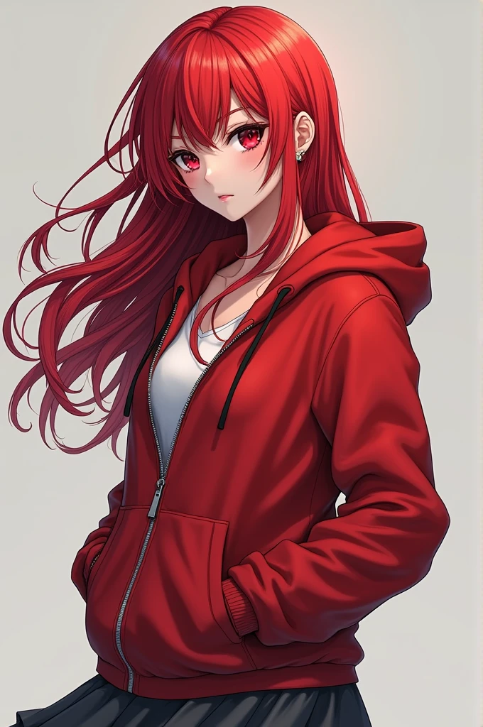 Manwha girl, long red hair, red eyes, wearing zip-up hoodie, and a dark grey skirt