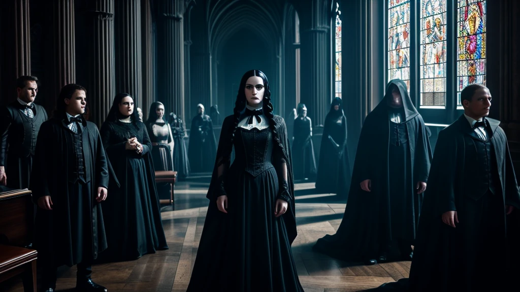 Here’s the revised prompt with the inclusion of Harkonnen figures surrounding the scene:
"In a dark, Gothic palace inspired by the Emo Night Sisters and the Addams Family, a surreal and ominous atmosphere pervades. The grand hall, adorned with towering spires and stained-glass windows, is filled with the imposing presence of Harkonnen figures. These sinister, corpulent men, with their pale skin and menacing expressions, stand silently, their cold eyes fixed on a Gothic girl inspired by Wednesday Addams. She plays a black, intricately designed piano in the center of the room. Captured in a side profile, she is surrounded by the brooding presence of the Harkonnen, while subtle Op-Art patterns and rotating planets and galaxies swirl in the background, blending Gothic elegance with a haunting, surrealist fantasy."