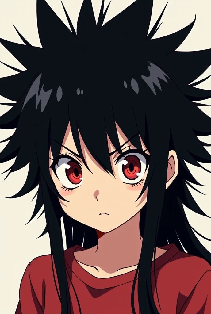 Child girl anime with spiky black  long hair and eye red