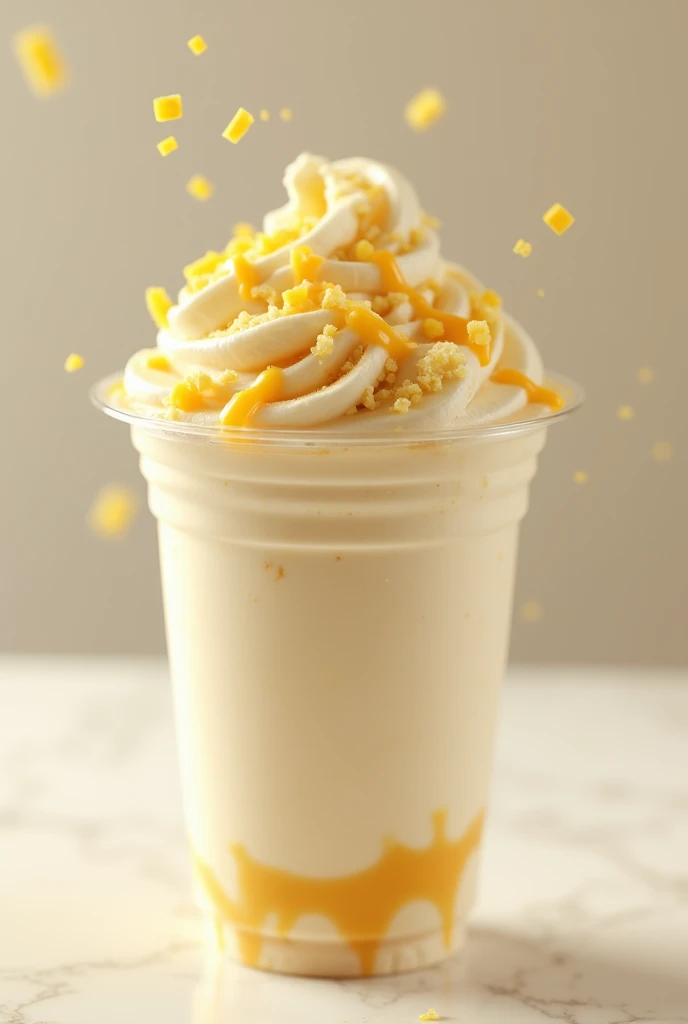 Generate an image of a transparent disposable cup with cream and the banana inserted inside the cup that looks very provocative and the chopped banana that shows the fine layers of cream and the banana that on top has grated cheese and dairy sauce that shows more of the banana that contains cheese and strawberry topping