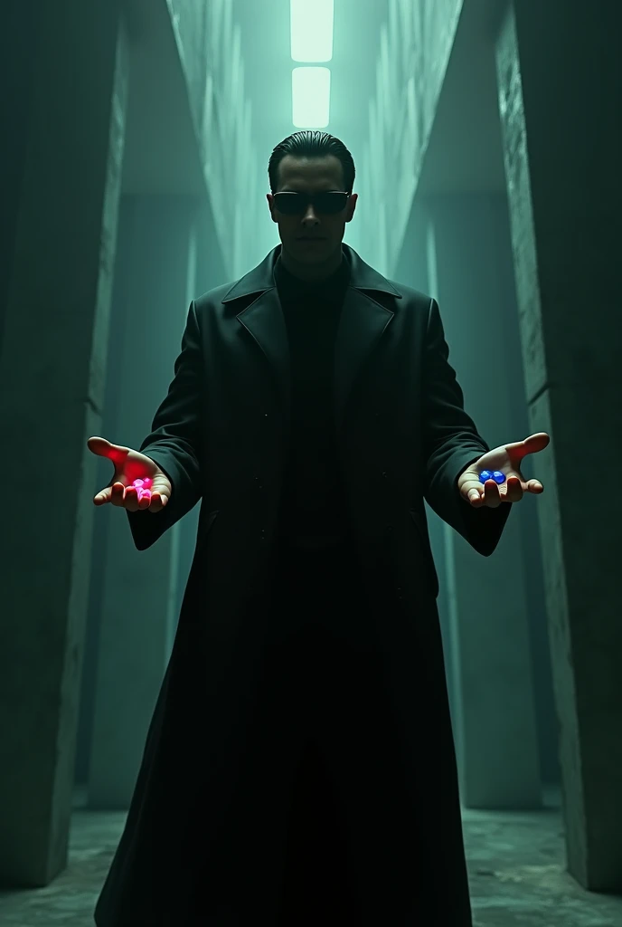 matrix, holding a different pill in each hand, one red and the other blue