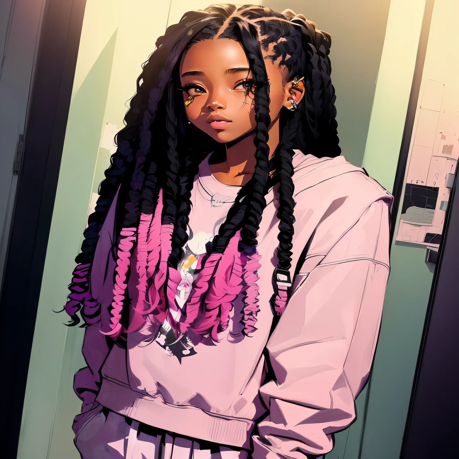 There's a woman with long hair standing up in a hallway, urban girl fanart, in digital illustration style, anime manga black girl, blacksmith willow portrait, Retrato de Willow Smith, black teenage girl, no art style by bowater, cartoon art style, trends in art, little detailed. digitalpainting, cartoon style illustration, detailed portrait of the character, colorful illustration