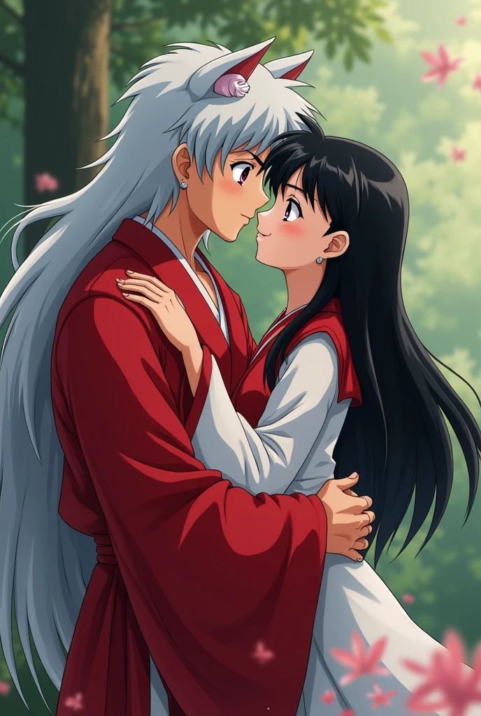 Kikyo and Inuyasha Couple Inuyasha is a 1 man with cat ears and very long silver hair and Kikyo is a 20 year old woman with long straight black hair with brown eyes and bangs stuck to her square forehead with very dark purple shadows., She wears a red and white priestess costume, and inuyasha a red kimono, They share a sincere kiss on the lips with their eyes closed 