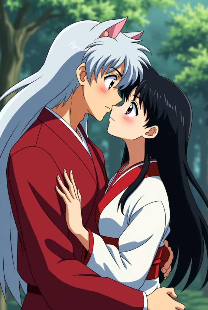 Kikyo and Inuyasha Couple Inuyasha is a 1 man with cat ears and very long silver hair and Kikyo is a 20 year old woman with long straight black hair with brown eyes and bangs stuck to her square forehead with very dark purple shadows., She wears a red and white priestess costume, and inuyasha a red kimono, They share a sincere kiss on the lips with their eyes closed