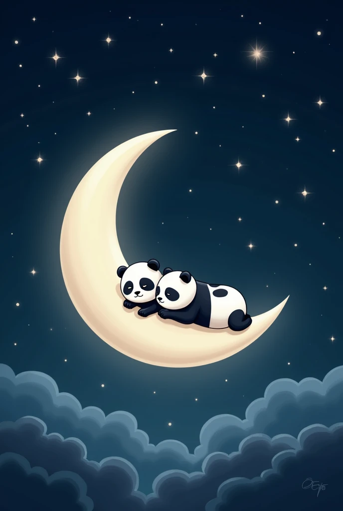 create mobile wallpaper with 3 cute pandas, sleeping on a crescent moon, white, in a night sky. only blue colors, black andwhite.