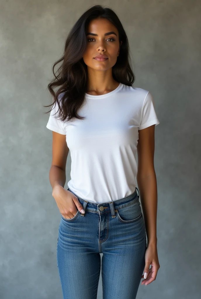 beautiful latin woman, standing straight facing forward,with white t-shirt, denim jeans pants, on a greyish background, cotton t-shirt texture, fitted t-shirt, round neck, striped tights. Medium camera shot.
