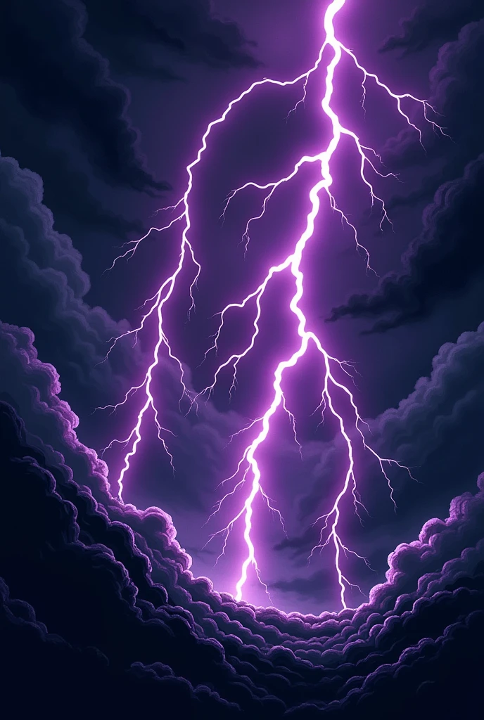 Image of gray clouds and 3 thick purple lightning bolts on black background in comic book art style
