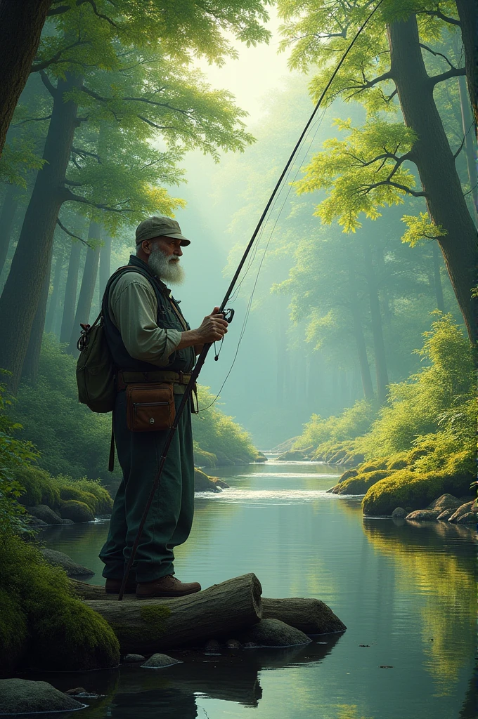 A dense forest and a stream and an old fisherman