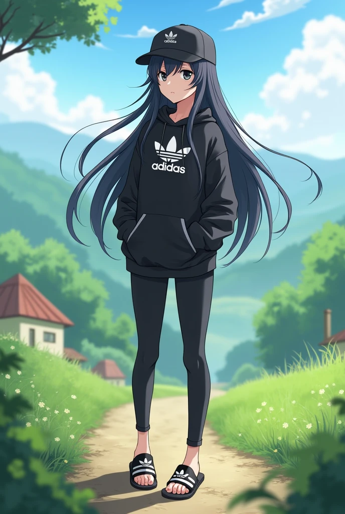 beautiful tall anime girl, black hair, wear adidas slippers black and white, black eyes, barefoot, wear black adidas cap, wear black adidas hood, wear black adidas leggings, background is countryside