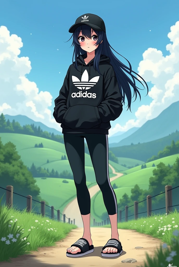 beautiful tall anime girl, black hair, wear adidas slippers black and white, black eyes, barefoot, wear black adidas cap, wear black adidas hood, wear black adidas leggings, background is countryside